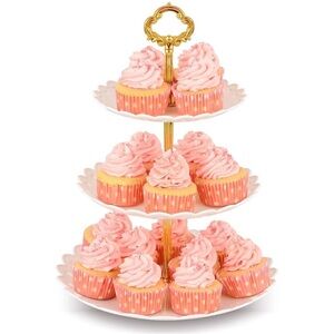 NWK Large 3-Tier Cupcake Stand 10.9Inch Plastic Serving Tray-white & gold-